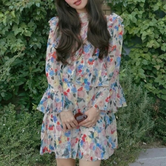 Doen Alette Silk Floral Long Sleeve Mini Dress Fleur Du Matin - Picture 1 of 14